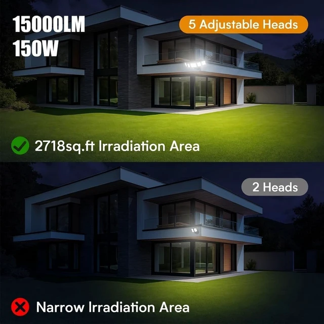 Alt view image 6 of 7 - Onforu 150W Dusk to Dawn Flood Light Outdoor, IP66 Waterproof, 5 Head,Black