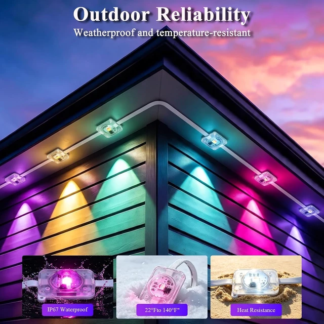 Alt view image 3 of 7 - 400FT Permanent Outdoor Lights, Smart RGB+IC Eaves Lights for House, App & Remote Control, LED Roofline Lights, Waterproof Exterior House Lights for Year-Round Christmas & Holiday Lighting