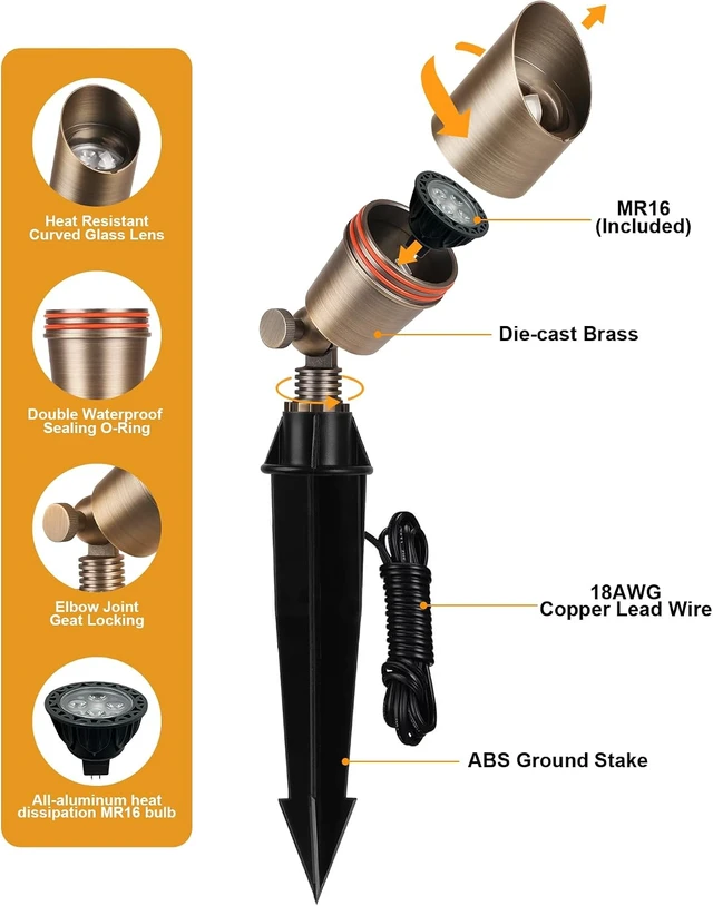 Alt view image 5 of 7 - PARTPHONER Solid Brass Low Voltage Landscape Lighting, Wired 12V LED Landscape Spotlights with Aluminum Housing MR16 Bulb, Heavy Duty Outdoor Waterproof Up Lights for Garden, Yard, Trees, 12Pack