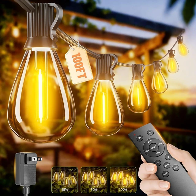 Main image of 100FT Outdoor String Lights with Remote & Dimmable, 35+1 Shatterproof Waterproof Bulbs, Dimmable Outside Hanging Patio Lights for Backyard, Porch, Deck, Garden 2700K Warm White