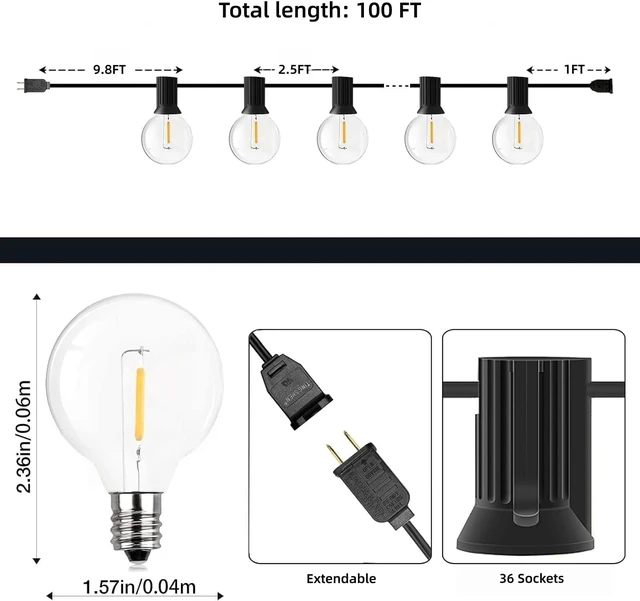 Alt view image 6 of 7 - GPATIO Outdoor String Lights, 100FT LED Waterproof Patio Lights for Outside