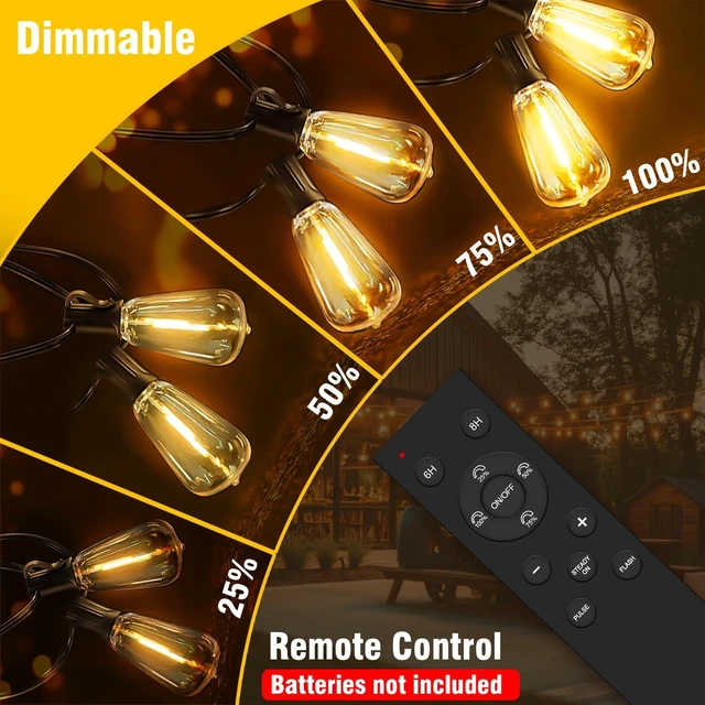 Alt view image 4 of 7 - 100FT Solar String Lights Outdoor Waterproof with Remote & Timer, LED Shatterproof ST38 Bulbs, USB & Solar Powered Patio Lights for Backyard, Porch, Garden, Wedding Decor, Dusk to Dawn Lighting