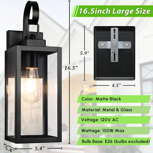 Alt view image 5 of 7 - BesLowe 16.5" Large Outdoor Wall Light Fixtures, Modern Black Porch Lights