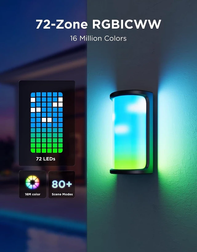 Alt view image 3 of 7 - Govee Outdoor Wall Light Pro, 2 Pack, 2000LM, RGBICWW 72-Zone Customization