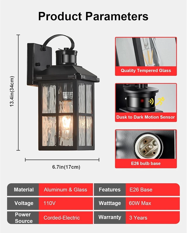 Alt view image 5 of 6 - Motion Sensor Porch Light Dusk to Dawn Outdoor Wall Light