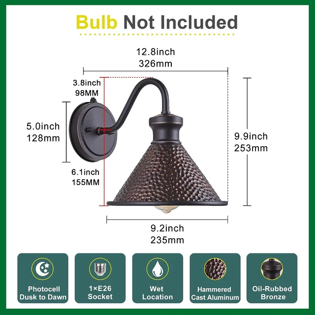 Alt view image 4 of 7 - Tarentlight Dusk to Dawn Outdoor Gooseneck Wall Sconce with Dark Sky Cast Hammered Aluminum Shade in Oil Rubbed Bronze Finish,Anti-Rust Waterproof Outdoor Light for Farmhouse Porch Garage,1-Light E26