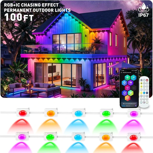 Main image of 100FT RGB+IC Permanent Outdoor Lights, IP67 Waterproof Smart Eave Lighting, App & Remote Control Eaves Lights, DIY LED Scene Modes for House Roof Decor