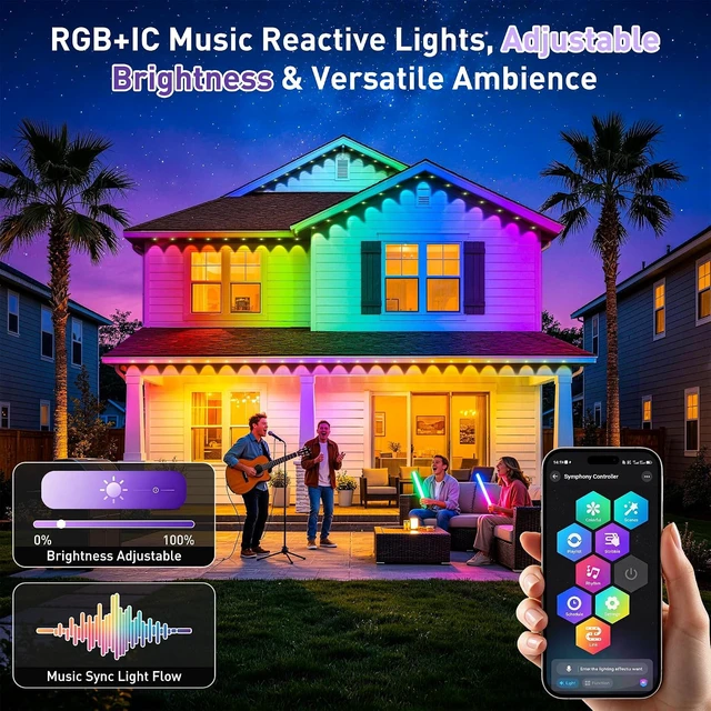 Alt view image 2 of 7 - 100FT RGB+IC Permanent Outdoor Lights, IP67 Waterproof Smart Eave Lighting, App & Remote Control Eaves Lights, DIY LED Scene Modes for House Roof Decor