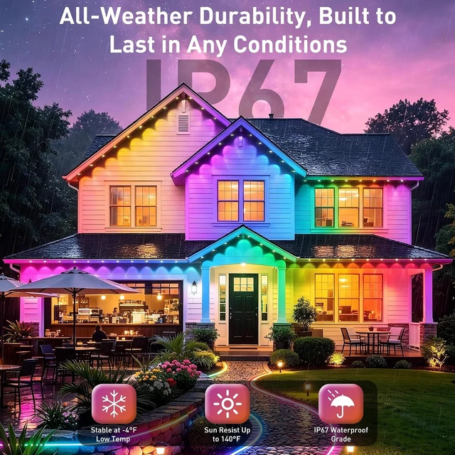 Alt view image 4 of 7 - 100FT RGB+IC Permanent Outdoor Lights, IP67 Waterproof Smart Eave Lighting, App & Remote Control Eaves Lights, DIY LED Scene Modes for House Roof Decor