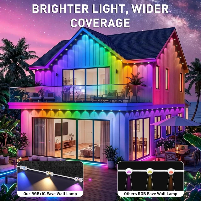 Alt view image 6 of 7 - 100FT RGB+IC Permanent Outdoor Lights, IP67 Waterproof Smart Eave Lighting, App & Remote Control Eaves Lights, DIY LED Scene Modes for House Roof Decor