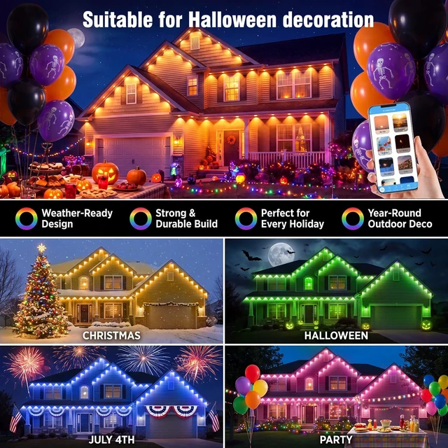 Alt view image 3 of 7 - 200FT RGB Permanent Outdoor Eaves Lights with App Remote, IP67 LED Bulbs