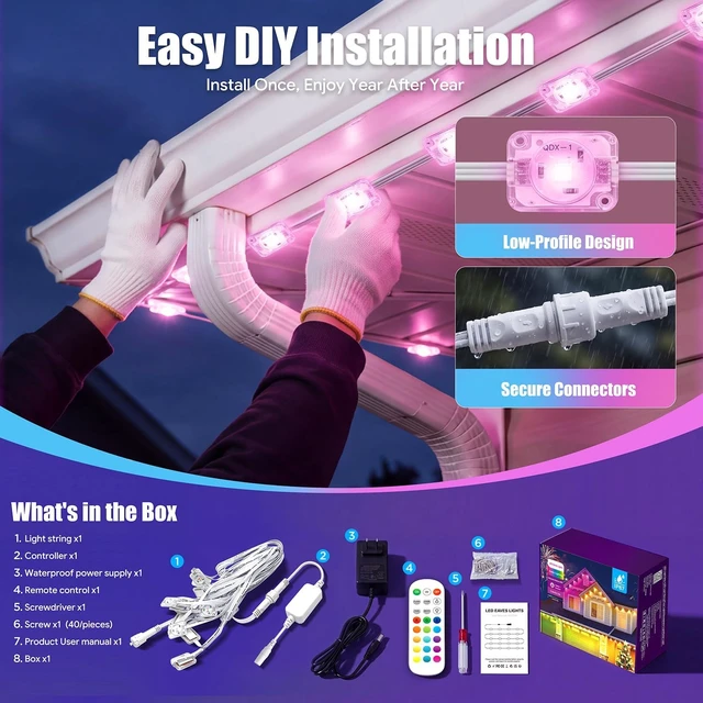 Alt view image 7 of 7 - 200FT RGB Permanent Outdoor Eaves Lights with App Remote, IP67 LED Bulbs