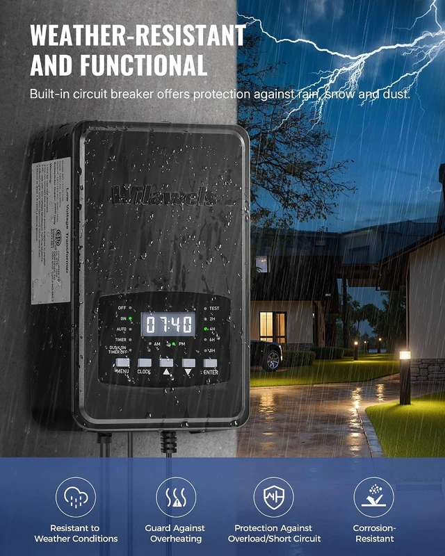 Alt view image 6 of 7 - 300W Low Voltage Landscape Transformer, Weatherproof Outdoor Low Voltage Transformer, 120V AC to 12/14V AC, Landscape Lighting Transformer with Timer and Photocell Sensor, ETL Listed D12LT06