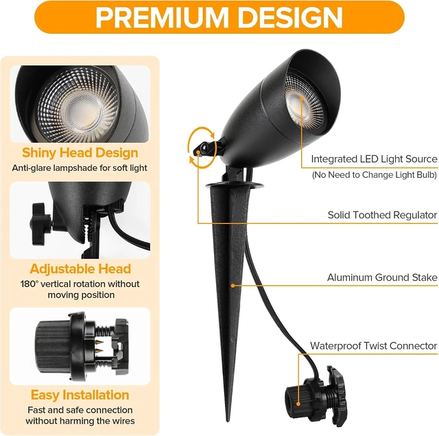Alt view image 4 of 7 - LUTEC 12V Low Voltage Landscape Lighting, Die-cast Aluminum Spot Lights with Connectors, IP65 Waterproof Outdoor Landscape Spotlights, 5W 550LM Warm White 3000K for Tree Garden Yard Pathway, 4 Pack