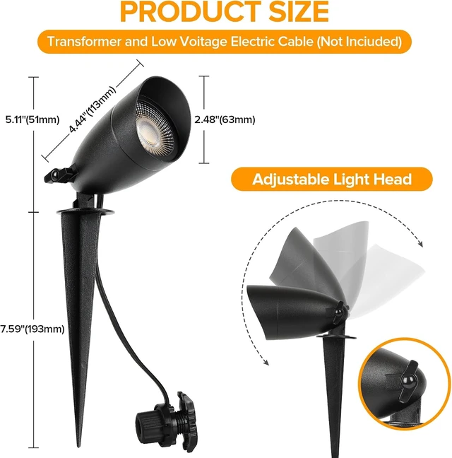 Alt view image 7 of 7 - LUTEC 12V Low Voltage Landscape Lighting, Die-cast Aluminum Spot Lights with Connectors, IP65 Waterproof Outdoor Landscape Spotlights, 5W 550LM Warm White 3000K for Tree Garden Yard Pathway, 4 Pack
