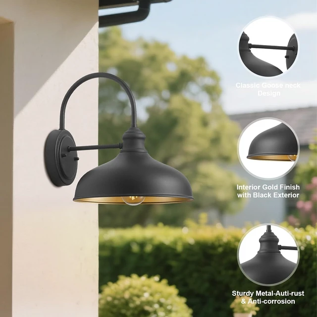 Alt view image 7 of 7 - 10" Dome Barn Lights for Farmhouse, Matte Black Gooseneck Outdoor Light Fixture, Exterior Porch Lighting with Wall Mount, Outside Goose Neck Wall Sconce for Patio