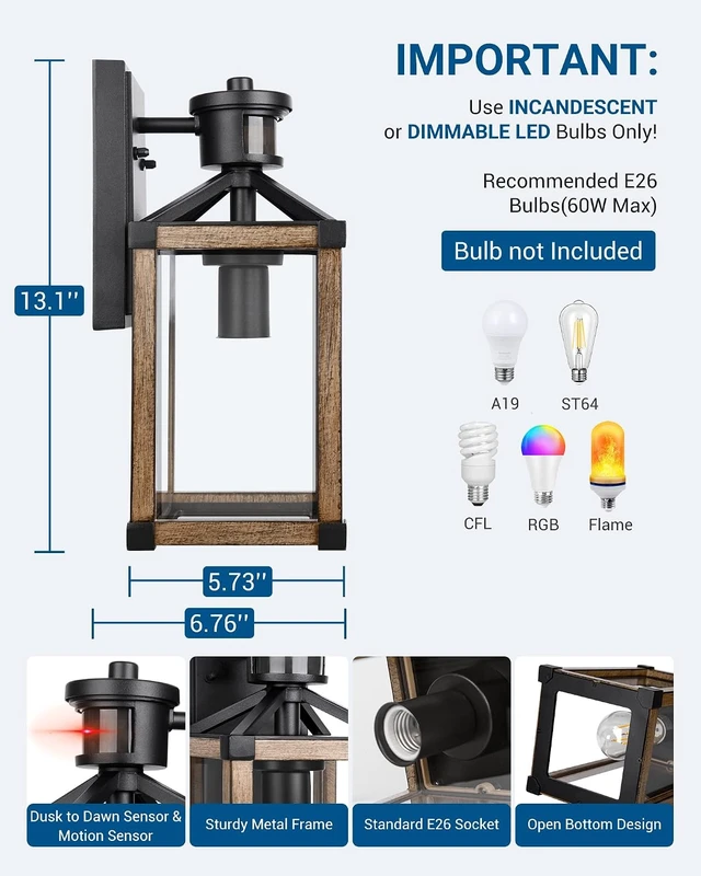 Alt view image 6 of 7 - DEWENWILS Motion Sensor Outdoor Wall Lights, Dusk to Dawn Farmhouse Light