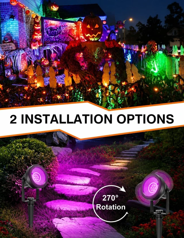 Alt view image 5 of 7 - Halloween RGB Spot Lights Outdoor, Color Changing Landscape Lighting, Waterproof Spotlight with US Plug for Yard Tree Garden Path House Christmas Decoration (6 Pack)
