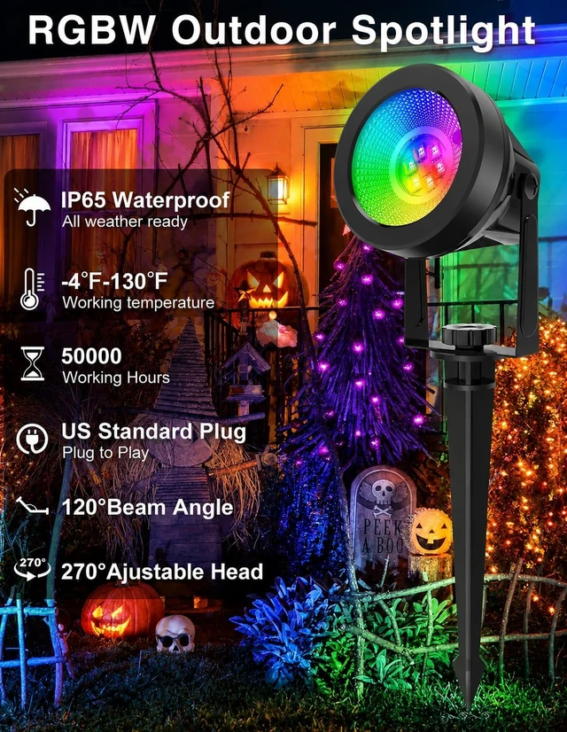 Alt view image 6 of 7 - Halloween RGB Spot Lights Outdoor, Color Changing Landscape Lighting, Waterproof Spotlight with US Plug for Yard Tree Garden Path House Christmas Decoration (6 Pack)