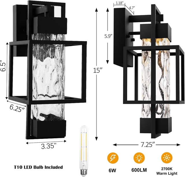 Alt view image 3 of 7 - PARTPHONER Modern Outdoor Light Fixtures Outdoor Lighting 2 Pack, 15" Exterior Wall Sconce Waterproof Porch Light, Outside Light for House with Water Glass for Garage Doorway, Black