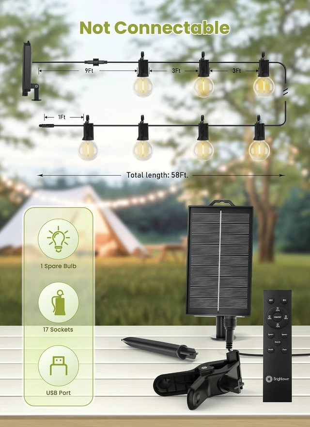 Alt view image 7 of 7 - Brightown 58FT Solar String Lights Outdoor, IP65 Waterproof, Remote, Timer