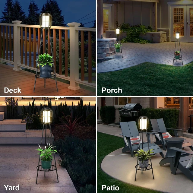Alt view image 4 of 7 - VISFLAIR 2 Pack Solar Lights with Plant Stand, Outdoor Floor Lamps, Waterproof Solar Powered Floor Lamps for Patio Deck Porch Yard Garden Decor