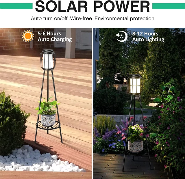 Alt view image 2 of 7 - VISFLAIR 2 Pack Solar Lights with Plant Stand, Outdoor Floor Lamps, Waterproof Solar Powered Floor Lamps for Patio Deck Porch Yard Garden Decor