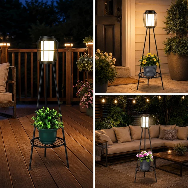 Alt view image 6 of 7 - VISFLAIR 2 Pack Solar Lights with Plant Stand, Outdoor Floor Lamps, Waterproof Solar Powered Floor Lamps for Patio Deck Porch Yard Garden Decor