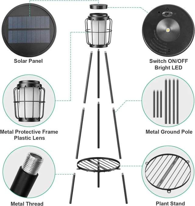 Alt view image 7 of 7 - VISFLAIR 2 Pack Solar Lights with Plant Stand, Outdoor Floor Lamps, Waterproof Solar Powered Floor Lamps for Patio Deck Porch Yard Garden Decor