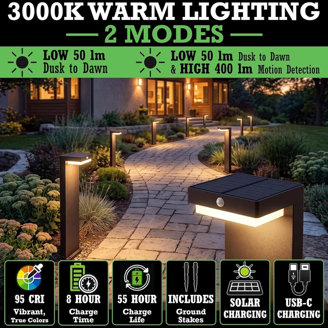 Alt view image 3 of 7 - Solar Pathway Lights Outdoor, Motion Sensor, Warm White, 4 Pack