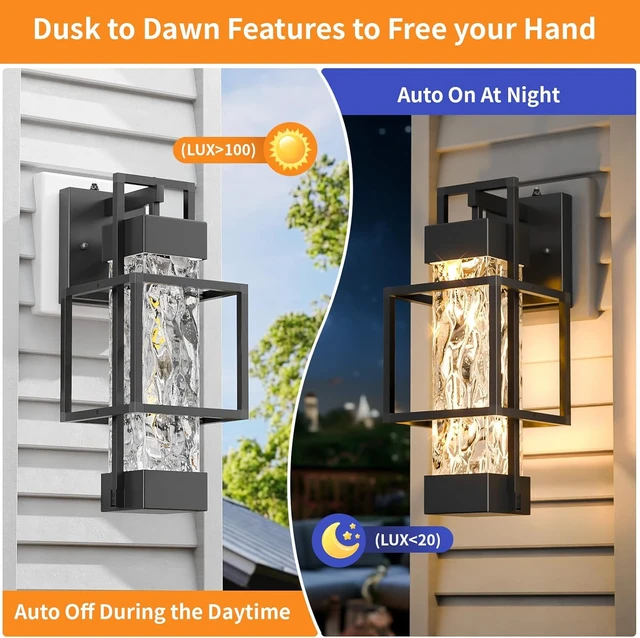 Alt view image 2 of 7 - Hotsonic 2 Pack Dusk to Dawn Outdoor Porch Light Fixtures Wall Mount, 14'' Dimmable Exterior Lighting for Outside, Waterproof Wall Lantern Lamps, Black Sconce Coach Lights for House, Garage