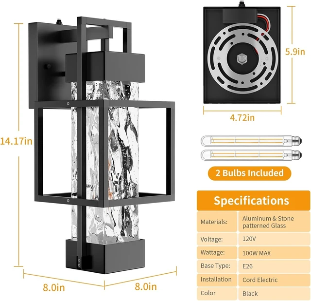 Alt view image 6 of 7 - Hotsonic 2 Pack Dusk to Dawn Outdoor Porch Light Fixtures Wall Mount, 14'' Dimmable Exterior Lighting for Outside, Waterproof Wall Lantern Lamps, Black Sconce Coach Lights for House, Garage