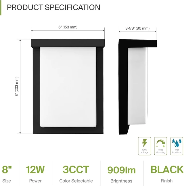 Alt view image 2 of 7 - ASD 8" LED Outdoor Wall Light | Front Door, Porch, Patio, Exterior | Black
