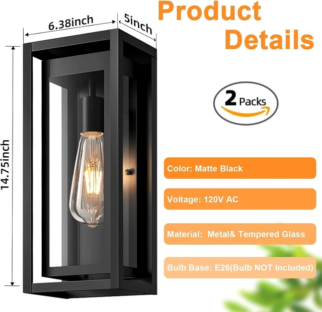 Alt view image 4 of 7 - 15" Outdoor Wall Lights, Black Exterior Lighting Fixtures, 2 Pack