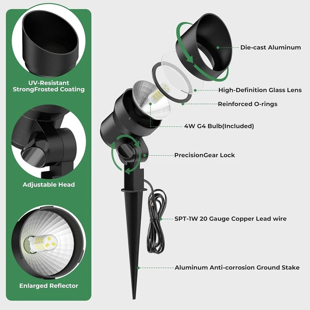 Alt view image 5 of 7 - Gardencoin Low Voltage Landscape Spotlight, 12V LED Outdoor Spot Lights with 4W G4 Replaceable Bulb, Wired Waterproof Aluminum Up Lighting Fixture for Yard, Garden, House, Tree, Lawn (6 Pack)