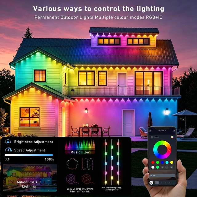 Alt view image 2 of 7 - 600FT Permanent Outdoor Lights RGB+IC Lights, IP67 Waterproof Smart Eave Lighting, with App/Remote Control Eaves Light, DIY LED Scenes Modes for House Roof Decor Party