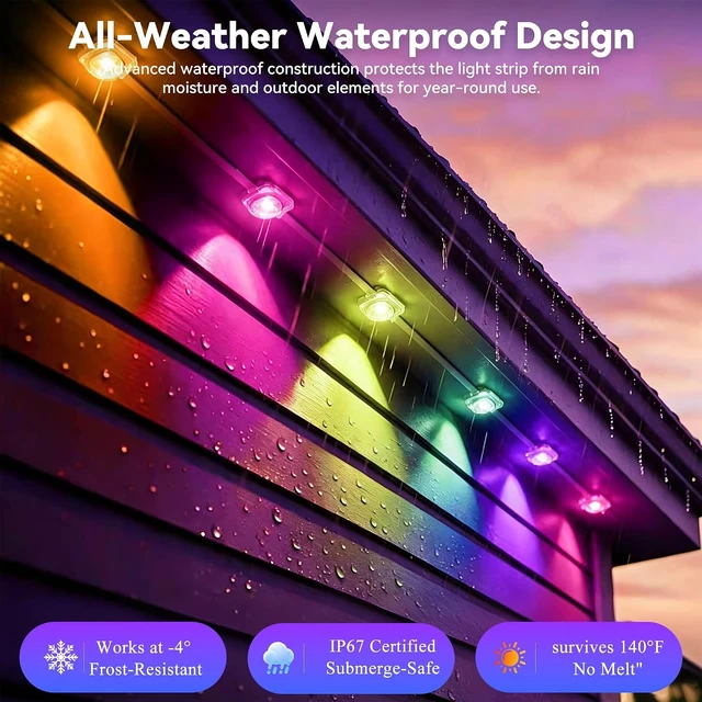 Alt view image 4 of 7 - 600FT Permanent Outdoor Lights RGB+IC Lights, IP67 Waterproof Smart Eave Lighting, with App/Remote Control Eaves Light, DIY LED Scenes Modes for House Roof Decor Party