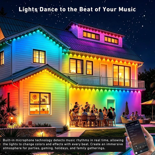 Alt view image 5 of 7 - 600FT Permanent Outdoor Lights RGB+IC Lights, IP67 Waterproof Smart Eave Lighting, with App/Remote Control Eaves Light, DIY LED Scenes Modes for House Roof Decor Party