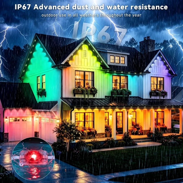 Alt view image 6 of 7 - 600FT Permanent Outdoor Lights RGB+IC Lights, IP67 Waterproof Smart Eave Lighting, with App/Remote Control Eaves Light, DIY LED Scenes Modes for House Roof Decor Party