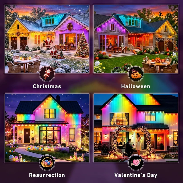 Alt view image 7 of 7 - 600FT Permanent Outdoor Lights RGB+IC Lights, IP67 Waterproof Smart Eave Lighting, with App/Remote Control Eaves Light, DIY LED Scenes Modes for House Roof Decor Party