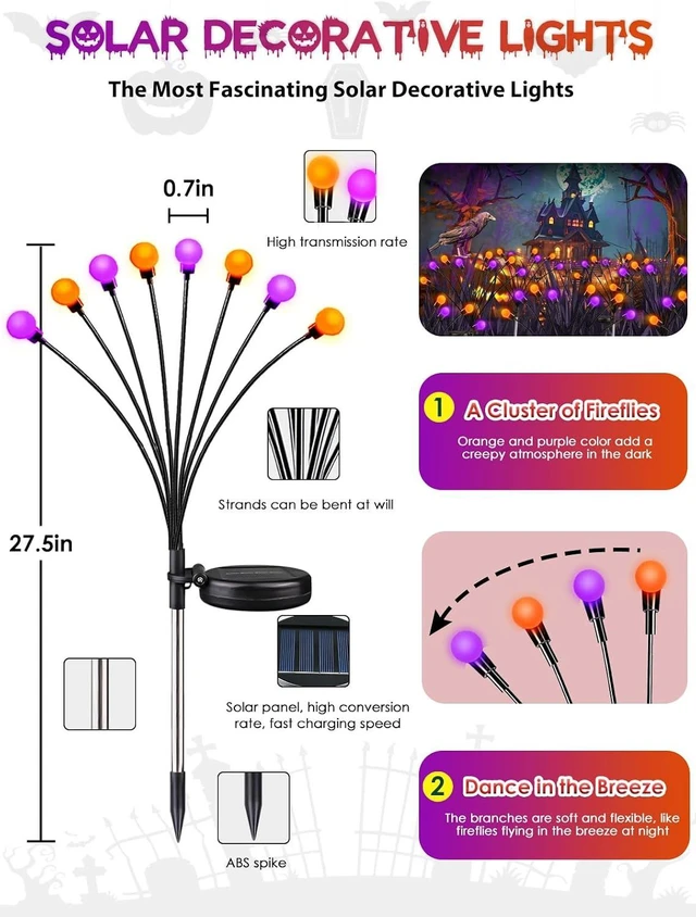 Alt view image 6 of 7 - 6 Pack Halloween Decorations Outdoor Solar Firefly Lights Orange Purple