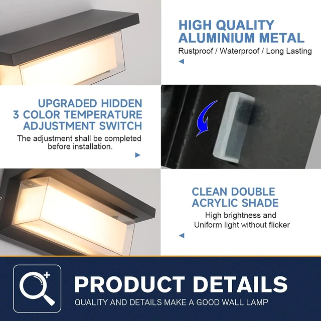 Alt view image 7 of 7 - Mille Lucciole 24W LED Outdoor Wall Lights Exterior/Interior Adjustable 3-Color Sconces Lights 2100LM IP65 Waterproof Modern Outdoor Lighting Fixtures Aluminum Wall Lights Compatible with Dimmers