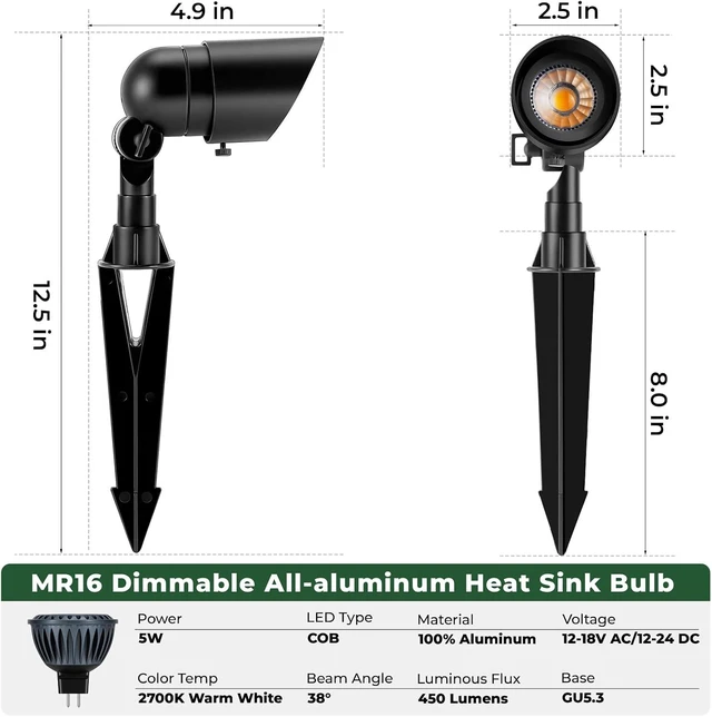 Alt view image 6 of 7 - Gardencoin Low Voltage Landscape Spotlight, 12V LED Outdoor Landscape Lighting, Landscape Spot Lights Wired for Garden and Yard, Aluminum Up Lighting Fixture with 5W MR16 Replaceable Bulb (6 Pack)