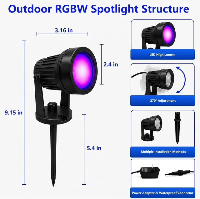 Alt view image 3 of 7 - Outdoor Lights,15w Spot Lights Outdoor with US Plug and Remote Control,Dimmable Halloween Decor Christmas Lights Outdoor,Waterproof Spotlight with Timer