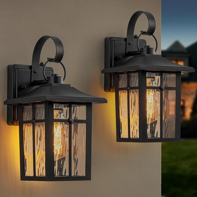 Main image of 2 Pack Dusk to Dawn Outdoor Wall Lights, Aluminum Exterior Light Fixtures Wall Mount with Ripple Glass, Waterproof Black Porch Lights, Outside Wall Lantern for Entryway, Garage, Patio