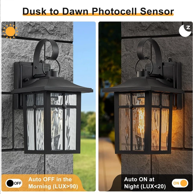 Alt view image 2 of 7 - 2 Pack Dusk to Dawn Outdoor Wall Lights, Aluminum Exterior Light Fixtures Wall Mount with Ripple Glass, Waterproof Black Porch Lights, Outside Wall Lantern for Entryway, Garage, Patio