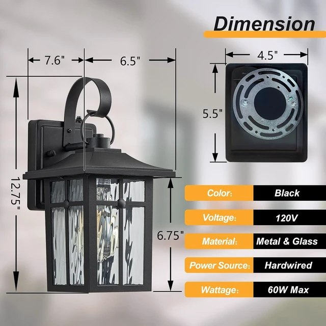Alt view image 3 of 7 - 2 Pack Dusk to Dawn Outdoor Wall Lights, Aluminum Exterior Light Fixtures Wall Mount with Ripple Glass, Waterproof Black Porch Lights, Outside Wall Lantern for Entryway, Garage, Patio