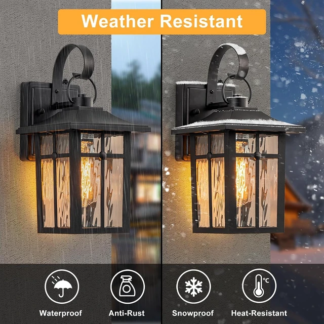 Alt view image 4 of 7 - 2 Pack Dusk to Dawn Outdoor Wall Lights, Aluminum Exterior Light Fixtures Wall Mount with Ripple Glass, Waterproof Black Porch Lights, Outside Wall Lantern for Entryway, Garage, Patio