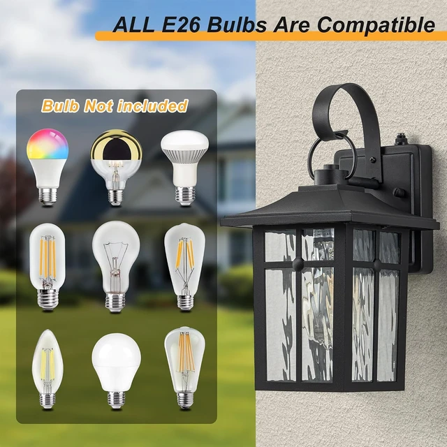 Alt view image 5 of 7 - 2 Pack Dusk to Dawn Outdoor Wall Lights, Aluminum Exterior Light Fixtures Wall Mount with Ripple Glass, Waterproof Black Porch Lights, Outside Wall Lantern for Entryway, Garage, Patio
