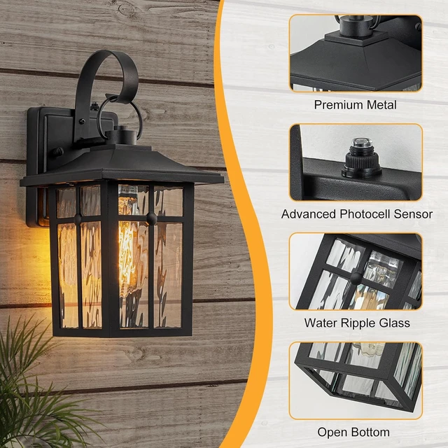 Alt view image 6 of 7 - 2 Pack Dusk to Dawn Outdoor Wall Lights, Aluminum Exterior Light Fixtures Wall Mount with Ripple Glass, Waterproof Black Porch Lights, Outside Wall Lantern for Entryway, Garage, Patio